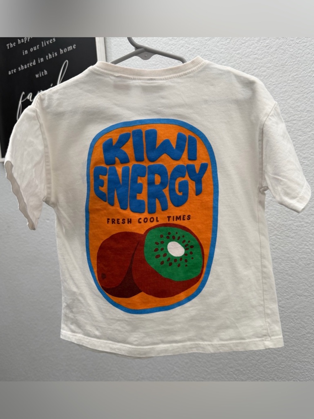 Zara Cream Tee with Blue, Orange & Green Kiwi Graphic